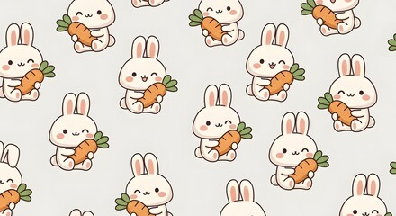 Fototapeta premium Cute bunny rabbit holding a carrot seamless pattern. Easter animal character and healthy food concept. White rabbits sitting and hugging orange carrots on a clean neutral background