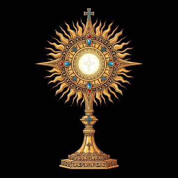 Golden Monstrance with Cross and Jewels on Black Background