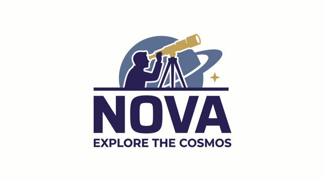 The NOVA logo showcases a silhouette using a telescope, representing the exploration of the cosmos, emphasizing curiosity and the endless pursuit of knowledge in astronomy.