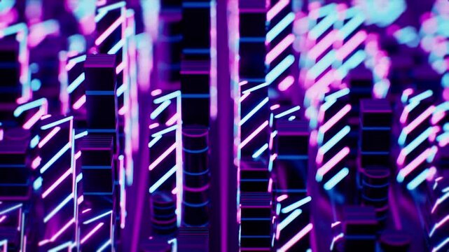 Glowing neon geometric cityscape illuminated with vibrant futuristic lights