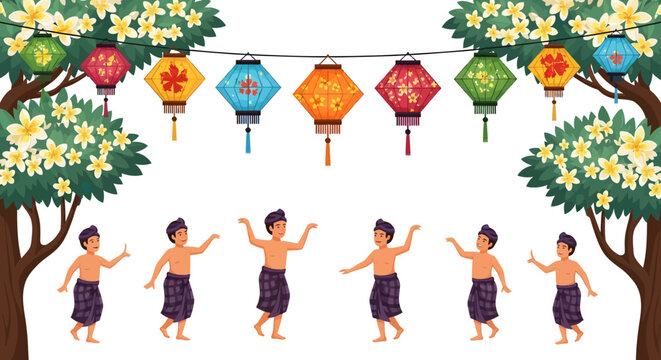 Traditional dancers performing under colorful lanterns and blooming trees