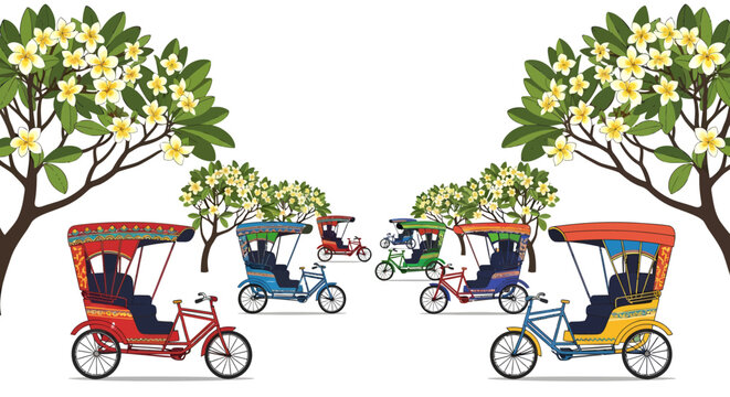 Colorful Tuk Tuks or Rickshaws Under Blooming Trees