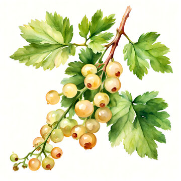 Single White Currant Branch Watercolor Illustration Isolated on White