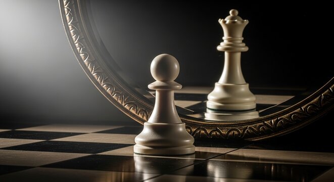 Pawn Facing Mirror Reflecting Queen Symbolizing Ambition Self Image Potential Success and Personal Growth
