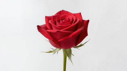 Fototapeta premium red rose on a white background, Vibrant red rose centered on white. Classic romantic crimson bloom in profile. Elegant botanical portrait of scarlet rose. Symbolic red petals with velvet texture.