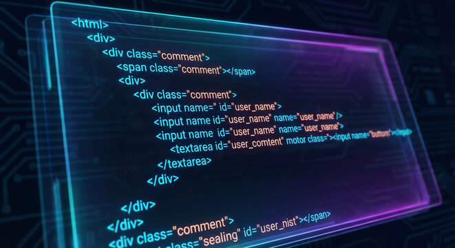 Neon-lit computer code on a screen isolated on transparent background with purple and blue glow