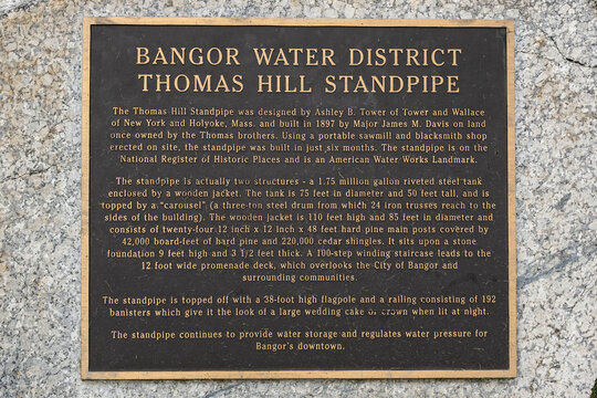 Thomas Hill Standpipe water district informational sign in Bangor, Maine