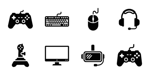 8 Gaming icons gamepad keyboard mouse headset joystick monitor vr, outline solid styles, UI and web interface design © Sathi