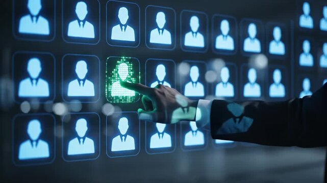 This depicts a person engaging with a futuristic digital interface featuring multiple user profiles in a darkened room with blue lighting, illustrating a concept of data interaction and virtual