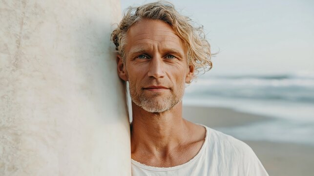 Mature surfer with weathered face leans against surfboard on beach at sunset