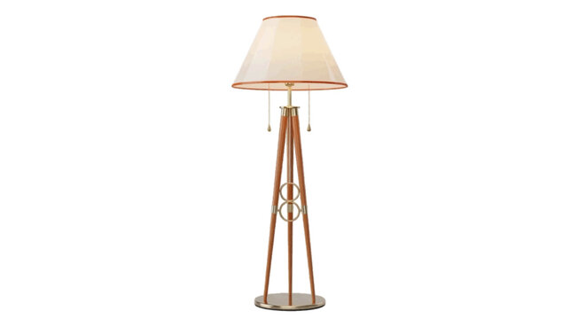 Vector illustration&nbsp;of modern wooden tripod floor lamp with fabric lampshade on a transparent background