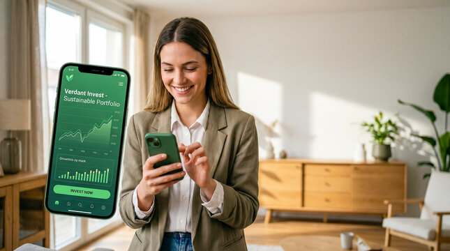 Joven profesional usando app de inversi&oacute;n verde en smartphone en casa moderna, luz natural, enfoque en pantalla, fondo limpio, copy space horizontal.