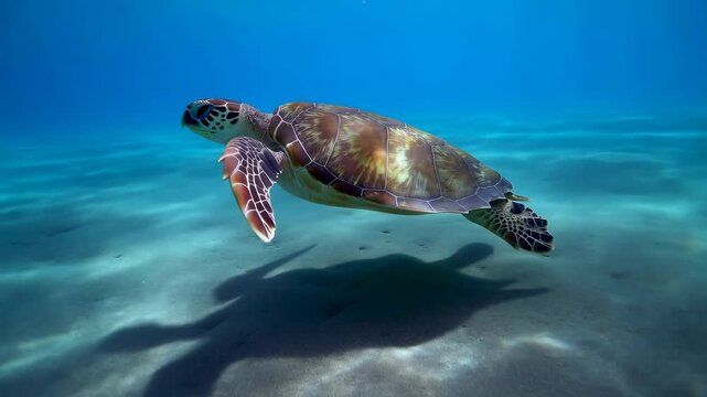 Graceful sea turtle gliding through clear ocean waters. Symbol of marine life and the importance of ocean conservation
