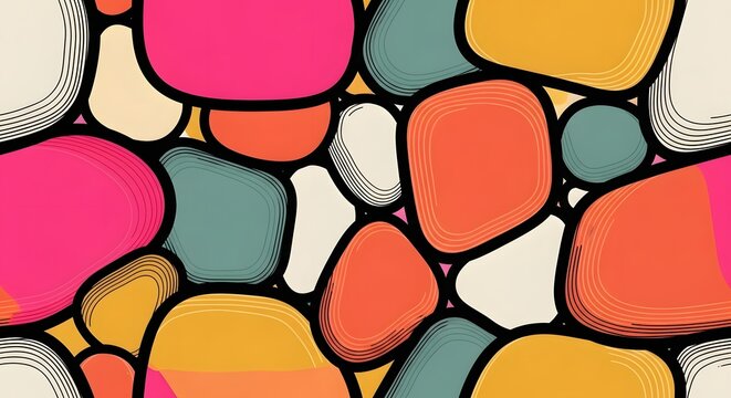 Seamless pattern of colorful pebble shapes with sketch line textures. Contemporary mosaic art design. Hand drawn stone elements arranged in a vibrant repeating tile background