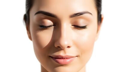 Obraz premium A serene woman with closed eyes and a gentle smile on a white background