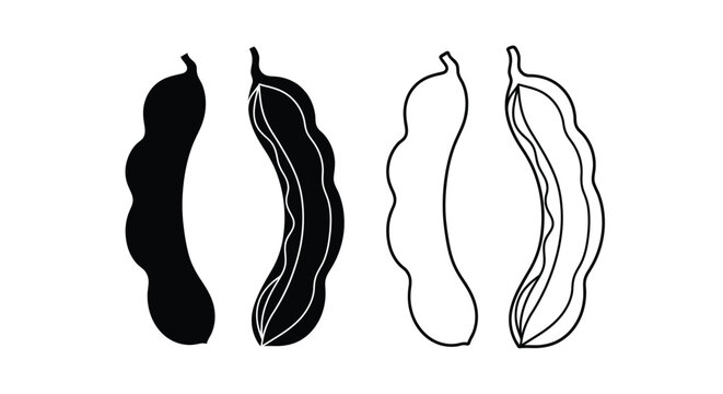 Four carob pods displayed in varying styles a black silhouette