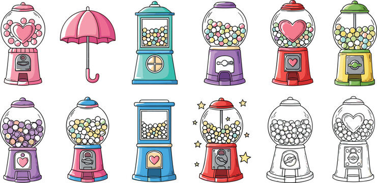 Colorful gumball machines with various designs and candy, vector illustration