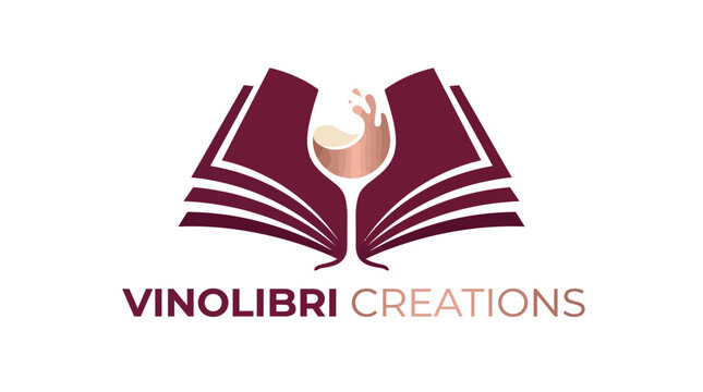 A logo design featuring an open book with a wine glass, conveying the luxury of wine and literature, perfect for brands in the wine or publishing industries.