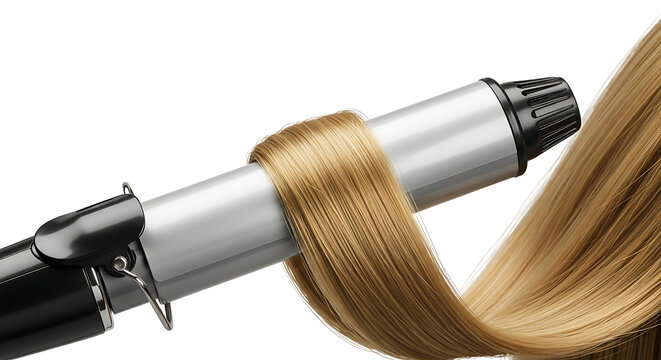 Silver hair curler wand used on smooth blonde hair isolated on white background, ideal for hair care products and professional styling guides.
