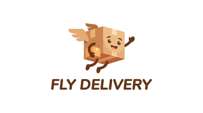 A whimsical, smiling delivery box with wings embodies the idea of fast and friendly service, perfect for a logistics or courier brand's identity. It's playful yet professional.