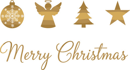 Fototapeta premium Elegant gold Merry Christmas vector set with ornament ball, angel, pine tree and star silhouette luxury holiday greeting decoration design collection