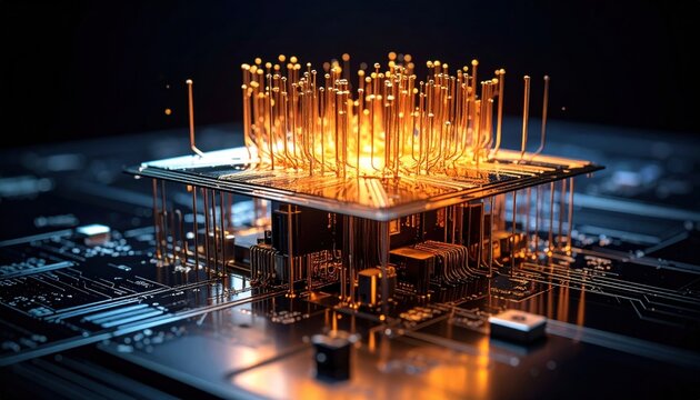 Intricate lattice of golden superconducting wires forming a complex quantum circuit board for advanced computing technology applications.