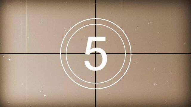 Classic 10 second film countdown animation in 4k resolution, old movie leader timer from ten to zero with retro projector effect, scratches, flicker for vintage cinema intros and historical videos