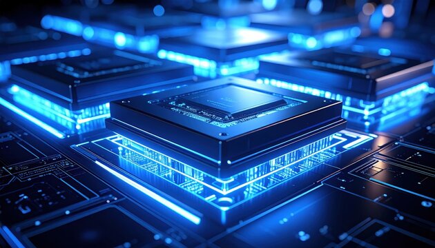 Crystalline matrix of advanced quantum memory units emitting faint pulses of blue light, showcasing the sophisticated architecture of next generation high performance computing processors.