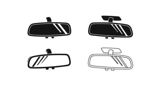 Four variations of automotive rearview mirrors shown in black silhouette