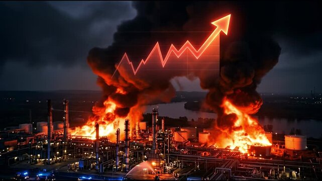 Ascending graph symbolizing rising oil and gas prices overlays an aerial view of a refinery on fire at night. Representing the global energy crisis. Market volatility. And supply chain disruption