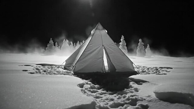 Black and white winter landscape featuring a snow-covered teepee tent illuminated under a dark night sky