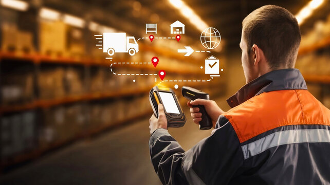 Warehouse worker using a handheld scanner to manage inventory and track global shipping routes, representing modern supply chain technology and automated logistics