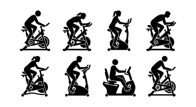 Spinning Bike Silhouettes: Diverse Cyclists on Exercise Machines, Fitness Icons Set, Cardio Workout Vector Collection