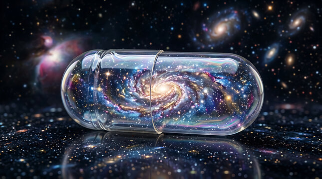 A pharmaceutical capsule containing a swirling galaxy, symbolizing the vastness of the universe or infinite possibilities within a small container