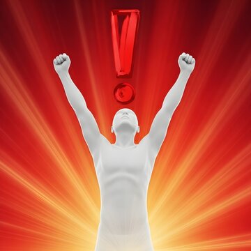 A white humanoid figure with raised arms and a red exclamation mark symbolizing achievement and triumph