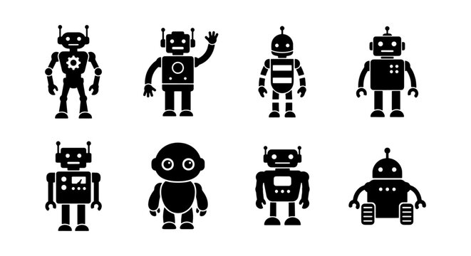 Retro Robot Icons Collection, Vintage Android Characters Set, Futuristic Machine Figures, Sci-Fi Automation Graphics