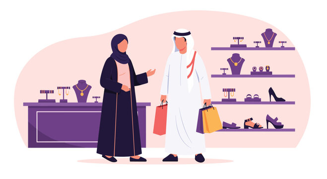 Traditional Arab couple browsing luxury items in a jewelry and fashion boutique while carrying several shopping bags.