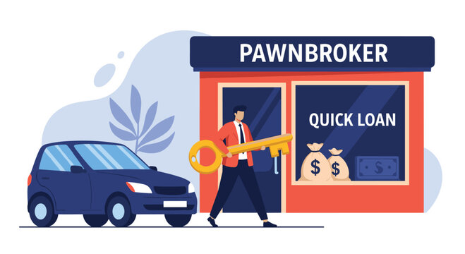 Pawnbroker shop illustration featuring a man carrying a large key next to a car and a quick loan sign in the window.