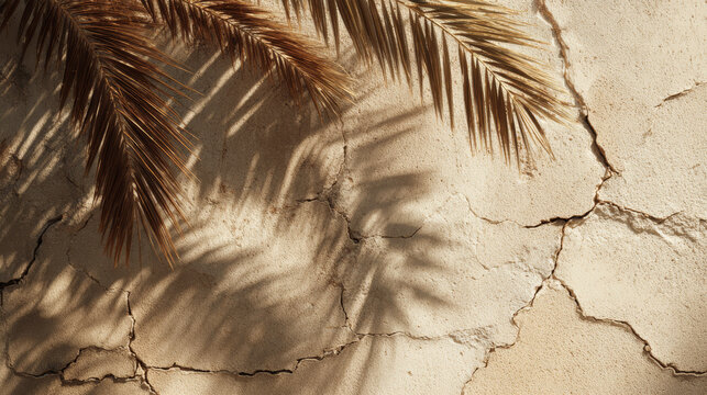 A close-up of an old, weathered plaster wall in a warm sand tone. Sharp, elegant shadows of a palm frond stretching across the surface.