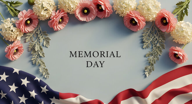 A patriotic memorial day floral wreath with an american flag corner honoring fallen heroes with vibrant blooms