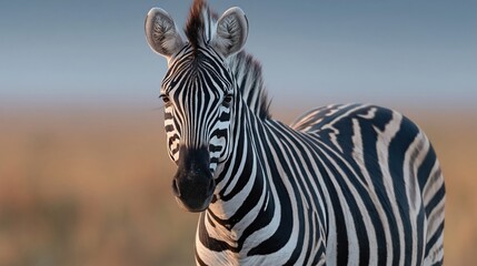 Naklejka premium Close-up portrait of a zebra with striking black and white stripes in its natural habitat