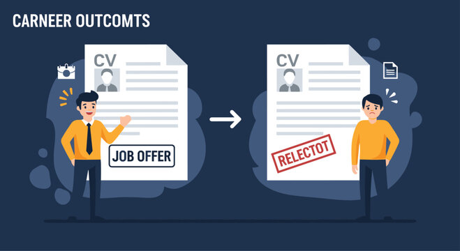 Illustration comparing the career outcomes of receiving a job offer versus a rejection letter for two different job candidates.