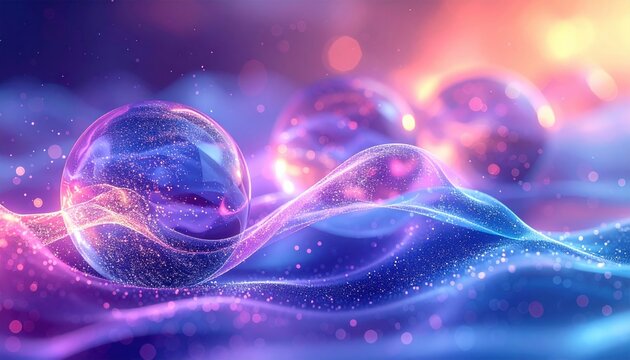 Ethereal visualization of quantum superposition featuring overlapping translucent wave states and glowing particle spheres in a vibrant deep space setting, representing modern physics.
