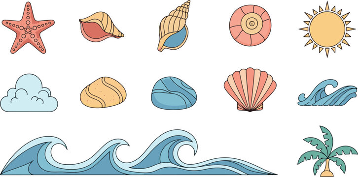 Hand drawn beach icons set with starfish shells sun waves palm tree and ocean elements for summer vacation travel vector illustration