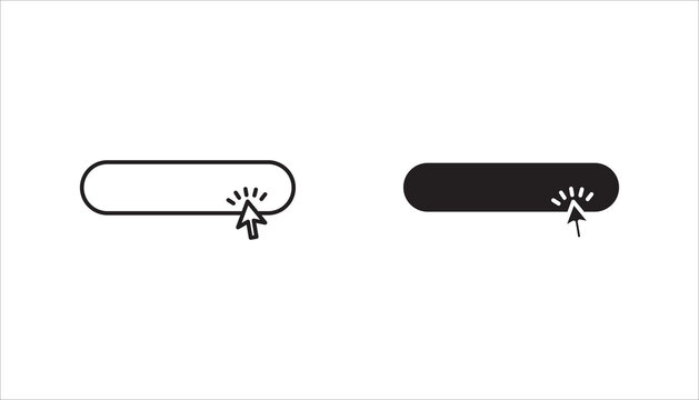 Click Here Button with hand or mouse cursor. icon set, Computer mouse cursor or hand pointer symbol. Modern action button