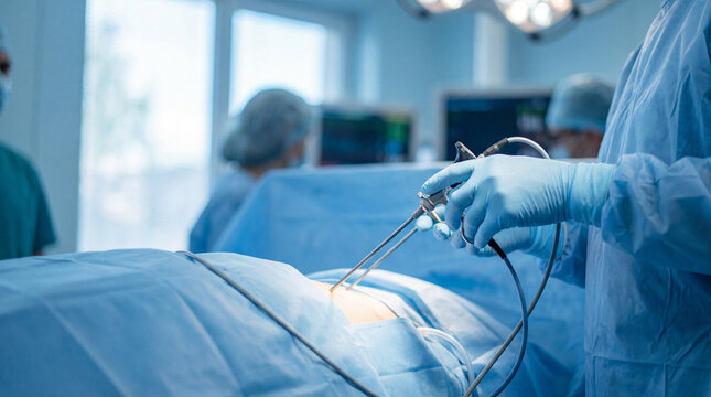 A skilled surgeon performing laparoscopic surgery with instruments on a patient in a modern operating room