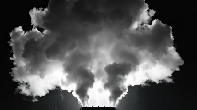 This captures a massive explosion of smoke and fire in a dark and ominous atmosphere. The cloud of smoke is illuminated from within, creating a dramatic and intense visual effect.
