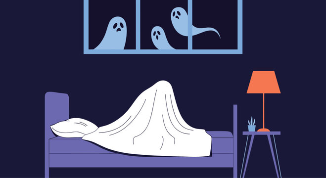 Fearful person hides under white bed sheets while three spooky blue ghosts peer through the window in a dark room at night.