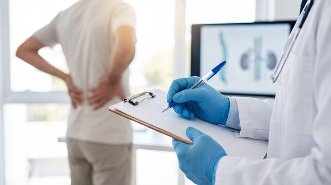 Doctor with gloves records a patient's back pain or kidney pain symptoms during a medical consultation