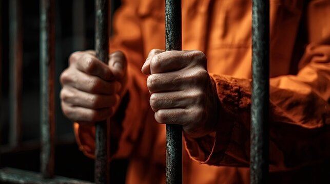 Prisoner hands gripping dark metal jail bars, conveying confinement, despair and loss of freedom in the criminal justice system, punishment, detention and hopelessness